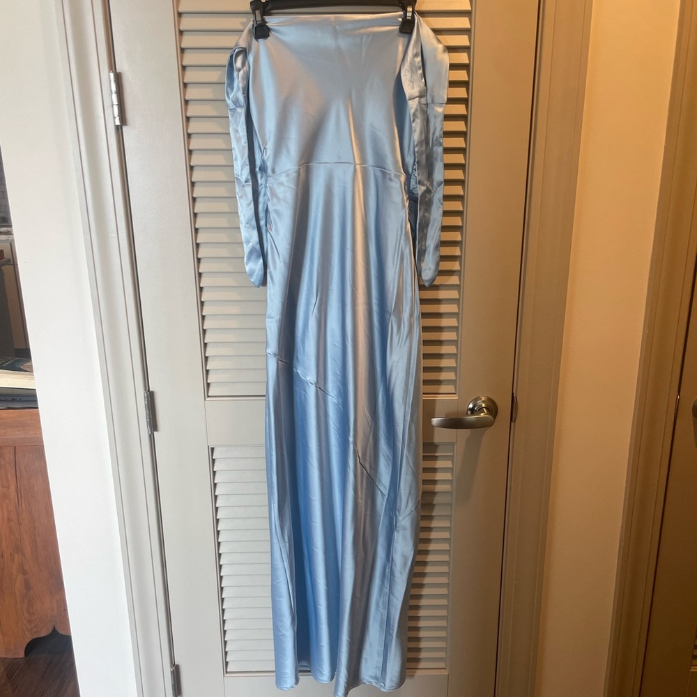 Light Blue Satin Billy J Off the Shoulder Dress
